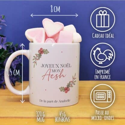 Mug "Joyeux Noël mon Aesh" personnalisé et ses guimauves coeurs x10 - Cadeau Noël