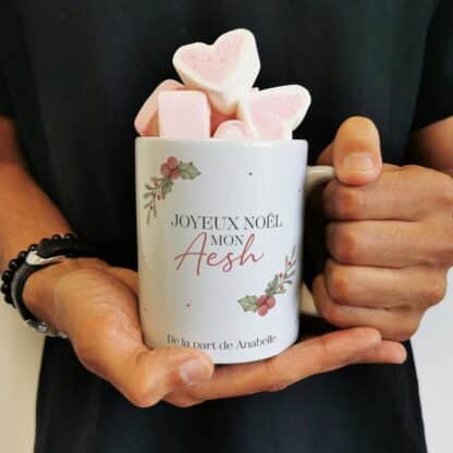 Mug "Joyeux Noël mon Aesh" personnalisé et ses guimauves coeurs x10 - Cadeau Noël