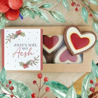 Cœurs au chocolat au lait rouge et blanc x4 "Joyeux Noël mon Aesh" - Cadeau Noël