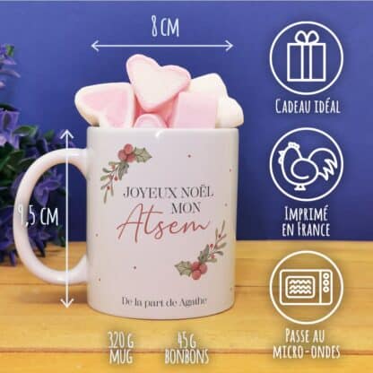 Mug "Joyeux Noël mon Atsem" personnalisé et ses guimauves coeurs x10 - Cadeau Noël