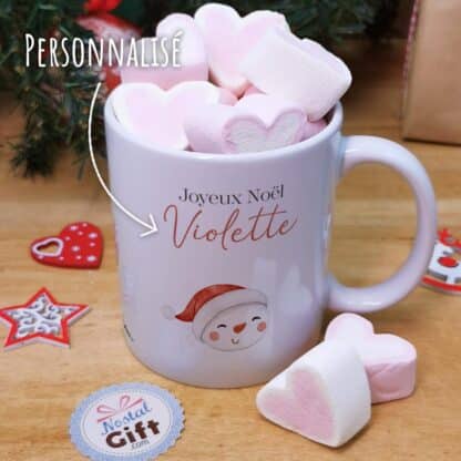 Mug "Joyeux Noël " personnalisé et ses guimauves coeurs x10 - Bonhomme de neige de Noël