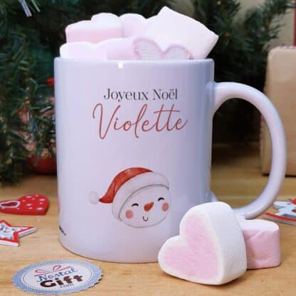 Mug "Joyeux Noël " personnalisé et ses guimauves coeurs x10 - Bonhomme de neige de Noël