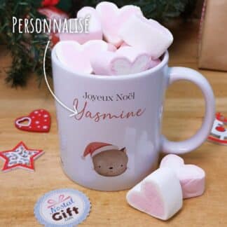 Mug "Joyeux Noël " personnalisé et ses guimauves coeurs x10 - Chat de Noël