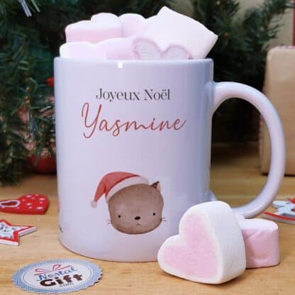 Mug "Joyeux Noël " personnalisé et ses guimauves coeurs x10 - Chat de Noël