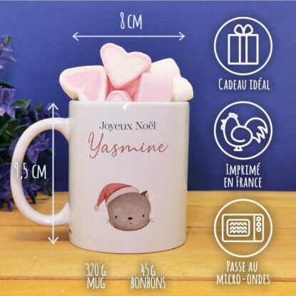 Mug "Joyeux Noël " personnalisé et ses guimauves coeurs x10 - Chat de Noël