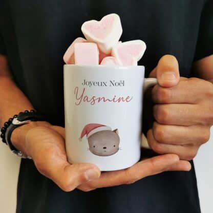 Mug "Joyeux Noël " personnalisé et ses guimauves coeurs x10 - Chat de Noël