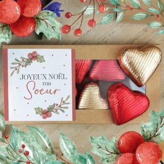 Cœurs au chocolat au lait et chocolat noir praliné x8 "Joyeux Noël ma soeur" - Cadeau Noël