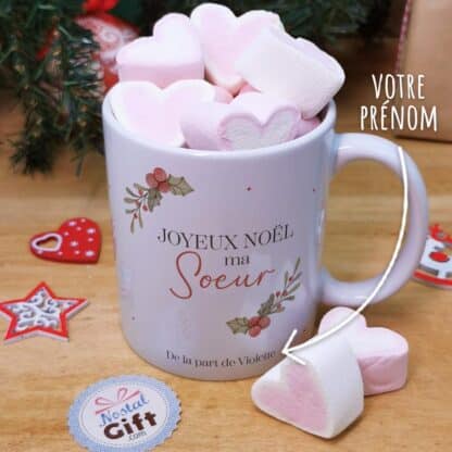 Mug "Joyeux Noël ma soeur" - cadeau personnalisé  et ses guimauves coeurs x10