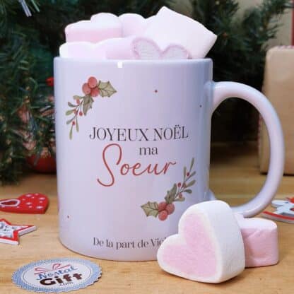 Mug "Joyeux Noël ma soeur" - cadeau personnalisé  et ses guimauves coeurs x10