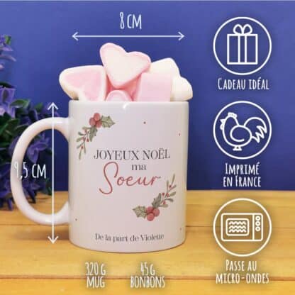 Mug "Joyeux Noël ma soeur" - cadeau personnalisé  et ses guimauves coeurs x10