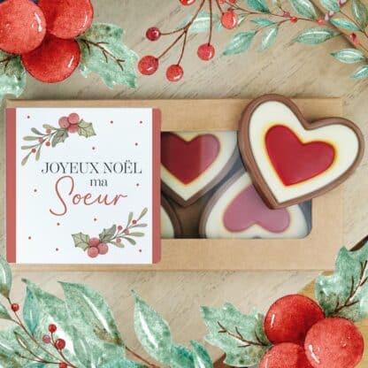 Cœurs au chocolat au lait rouge et blanc x4 "Joyeux Noël ma soeur" - Cadeau Noël