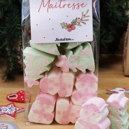 Sachet de guimauves - 5 sapins et 5 bonhomme de neige - "Joyeux Noël Maîtresse" - Cadeau Noël