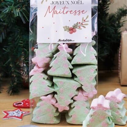 Sachet de guimauve sapin de Noël x 10 - "Joyeux Noël Maîtresse" - Cadeau Noël