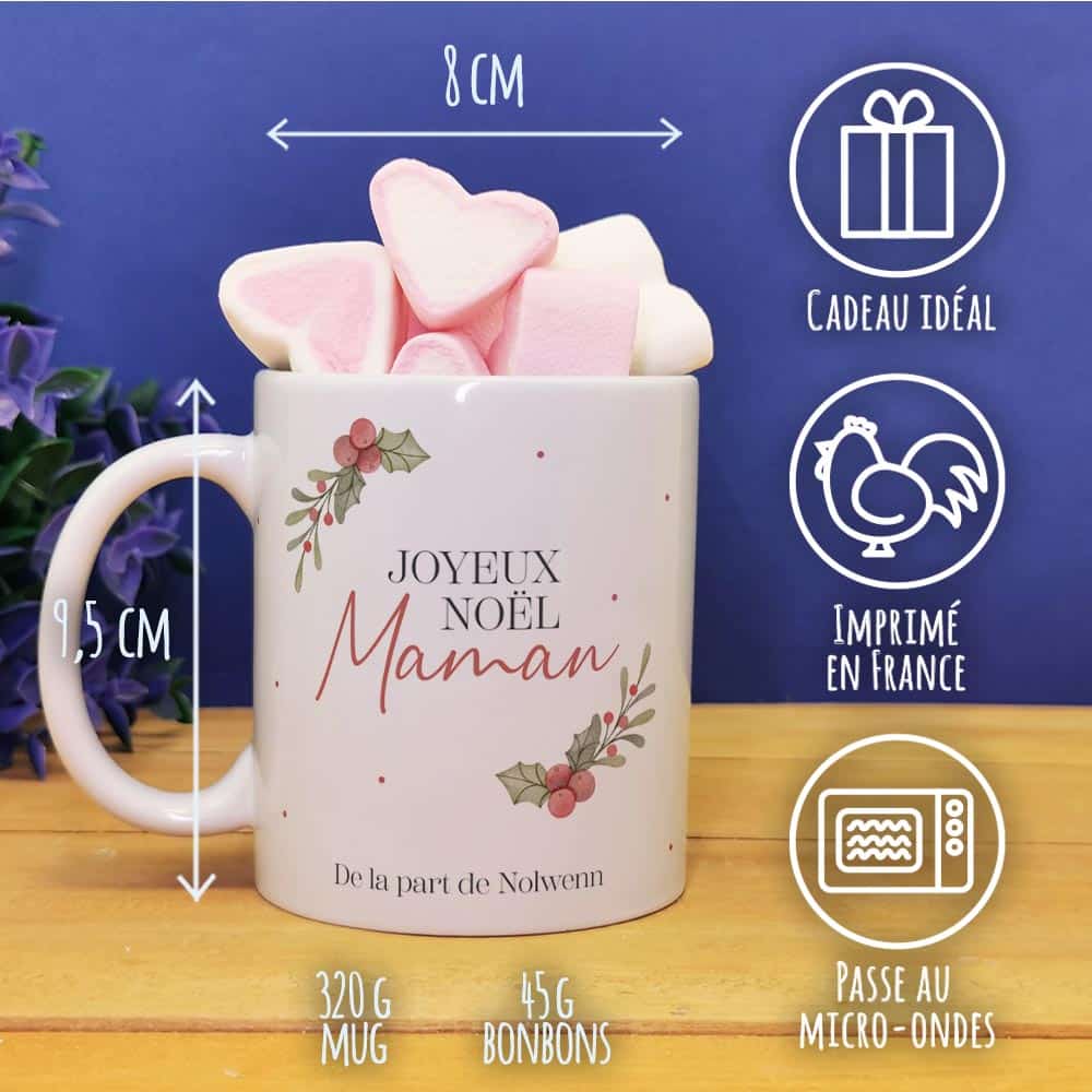 Mug Joyeux Noël Maman personnalisé et ses guimauves coeurs x10