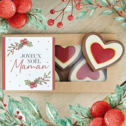 Cœurs au chocolat au lait rouge et blanc x4 "Joyeux Noël Maman" - Cadeau Noël