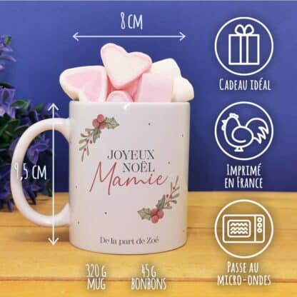Mug "Joyeux Noël Mamie" personnalisé  et ses guimauves coeurs x10 - Cadeau Noël – Image 4