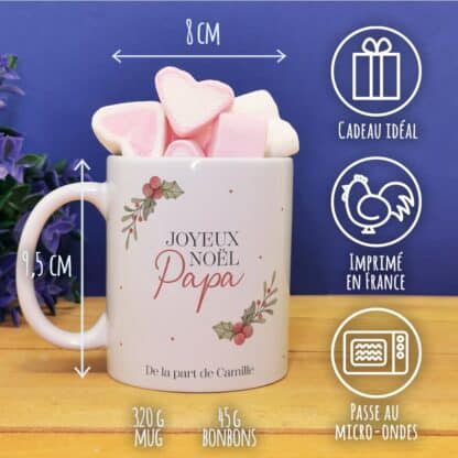 Mug "Joyeux noel Papa" personnalisé et ses guimauves coeurs x10 - Cadeau Noël