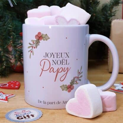 Mug "Joyeux Noël Papy" personnalisé  et ses guimauves coeurs x10 - Cadeau Noël