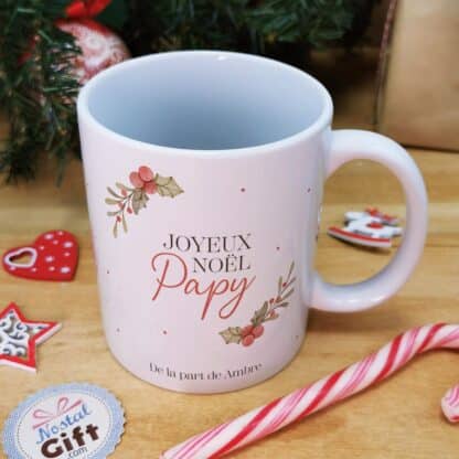 Mug "Joyeux Noël Papy" personnalisé  et ses guimauves coeurs x10 - Cadeau Noël