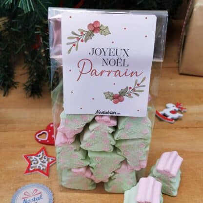 Sachet de guimauve sapin de Noël x 10 - "Joyeux Noël Parrain" - Cadeau Noël