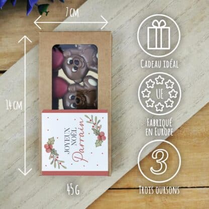 Oursons au chocolat au lait x3 "Joyeux Noël Parrain"  - Cadeau Noël – Image 3