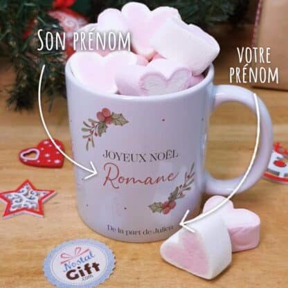 Mug "Joyeux Noël " personnalisé  et ses guimauves coeurs x10