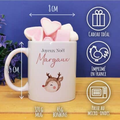 Mug "Joyeux Noël " personnalisé  et ses guimauves coeurs x10 - Rennes de Noël