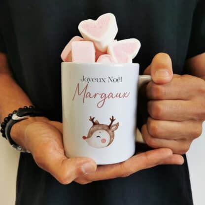 Mug "Joyeux Noël " personnalisé  et ses guimauves coeurs x10 - Rennes de Noël