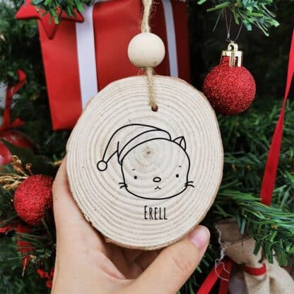Boule de noël en bois - Personnalisé avec le prénom - Chat de Noël