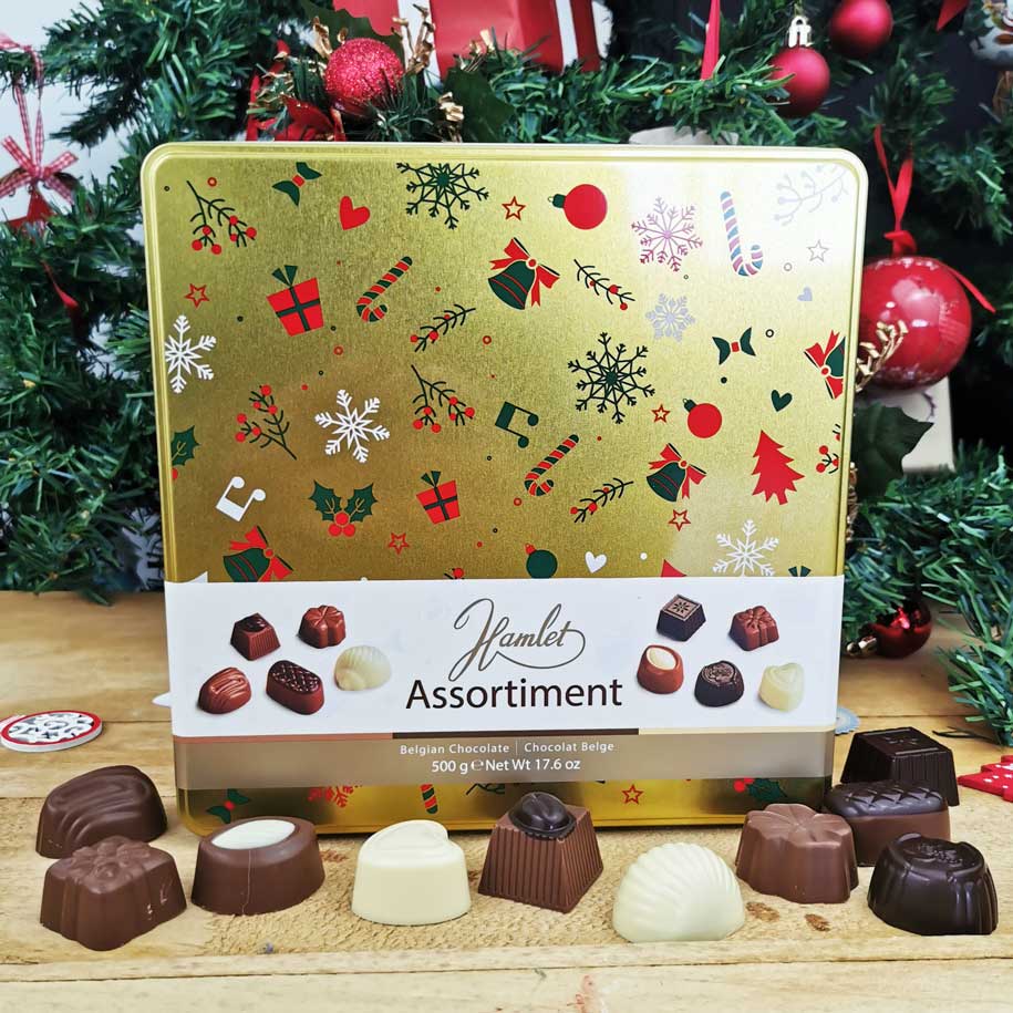 Chocolats de Noël - Boîte de chocolat dorée à partager 500g - Assortiment  de chocolats belges boite Métal 