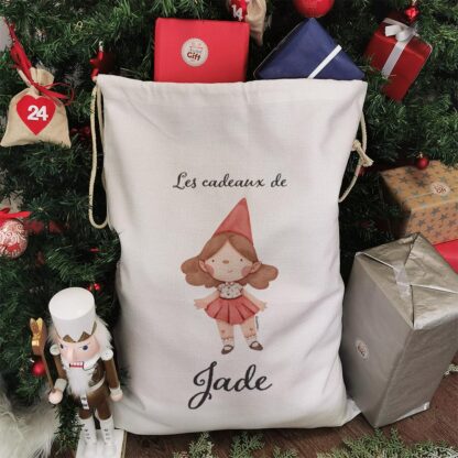 Hotte de Noël XXL personnalisée - "Les cadeaux de ..." - Lutin (Fille) – Image 4