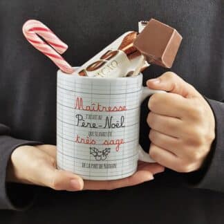 Mug "Maîtresse j'ai dit au Père Noël que tu avais été très sage" et ses confiseries rétro  - cadeau personnalisé   - Cadeau de Noël  maîtresse