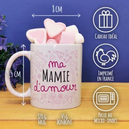 Mug "Ma mamie d'amour"  et ses guimauves coeurs x10