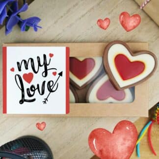 Cœurs au chocolat au lait rouge et blanc x4 "My Love" - Cadeau Saint Valentin