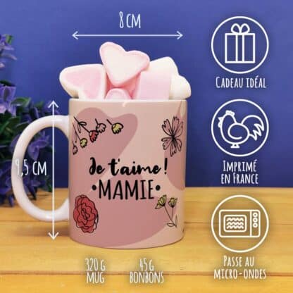 Mug "Je t'aime mamie" personnalisable et ses guimauves coeurs x10