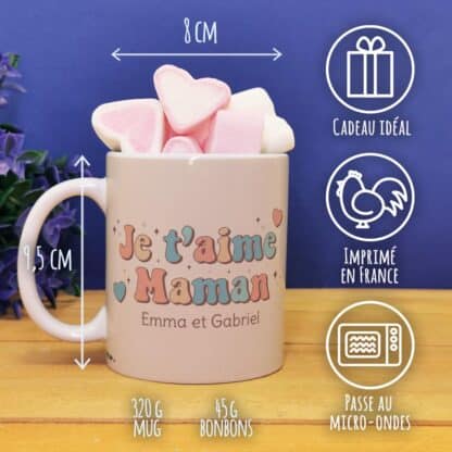 Mug "Je t'aime maman" et ses guimauves coeurs x10  - cadeau personnalisable