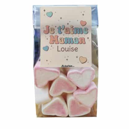 Sachet gros coeurs en guimauve x 15 - "Je t'aime Maman" - personnalisable