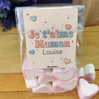 Sachet gros coeurs en guimauve x 15 - "Je t'aime Maman" - personnalisable