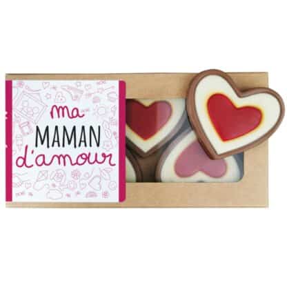 Cœurs "Ma maman d'amour" au chocolat au lait rouge et blanc x4