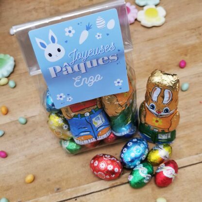 Sachet "Joyeuses Pâques" bleu personnalisé - 10 Oeufs pralinés, 10 oeufs croustillants et 2 lapins en chocolat (25g) – Image 4