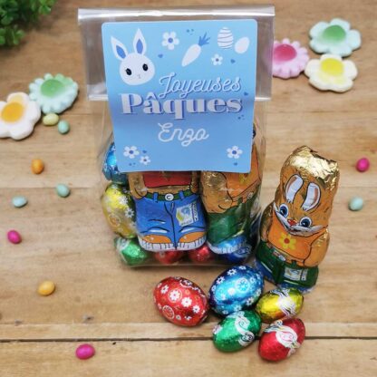 Sachet "Joyeuses Pâques" bleu personnalisé - 10 Oeufs pralinés, 10 oeufs croustillants et 2 lapins en chocolat (25g) – Image 3
