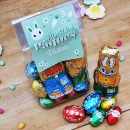 Sachet "Joyeuses Pâques" vert personnalisé - 10 Oeufs pralinés, 10 oeufs croustillants et 2 lapins en chocolat (25g) – Image 3