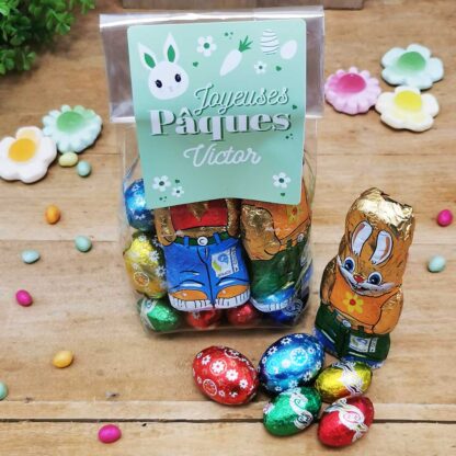 Sachet "Joyeuses Pâques" vert personnalisé - 10 Oeufs pralinés, 10 oeufs croustillants et 2 lapins en chocolat (25g) – Image 4