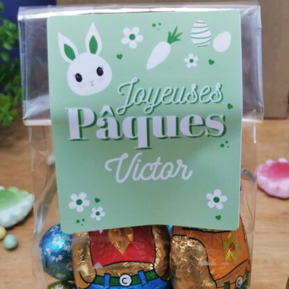 Sachet "Joyeuses Pâques" vert personnalisé - 10 Oeufs pralinés, 10 oeufs croustillants et 2 lapins en chocolat (25g)