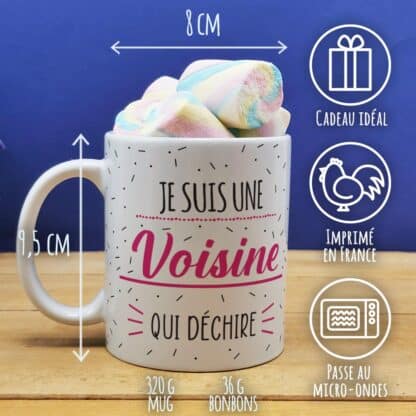 Mug "Je suis une voisine qui déchire" et ses guimauves torsade x 5 - cadeau personnalisé