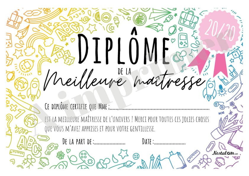 Diplôme de la meilleure maîtresse personnalisé sur plaque aluminium